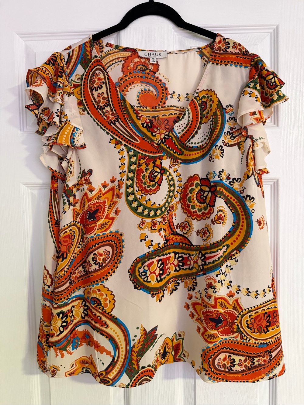 Chaus Cream Paisley Ruffle Sleeve Blouse with Orange & Green Accents